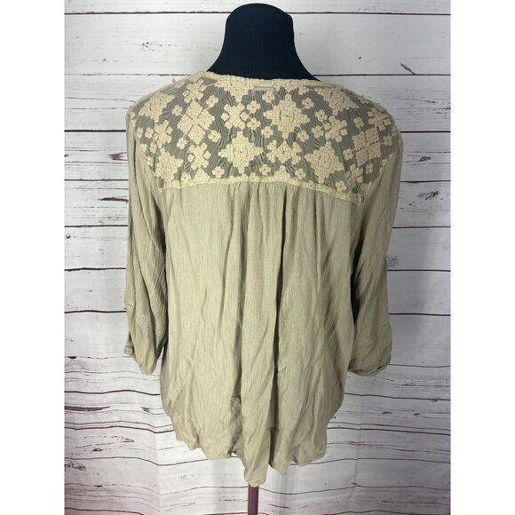 New Direction Tan Boho-Style V-Neck Blouse With Lace Details & 3/4 Sleeves For W - Picture 4 of 8